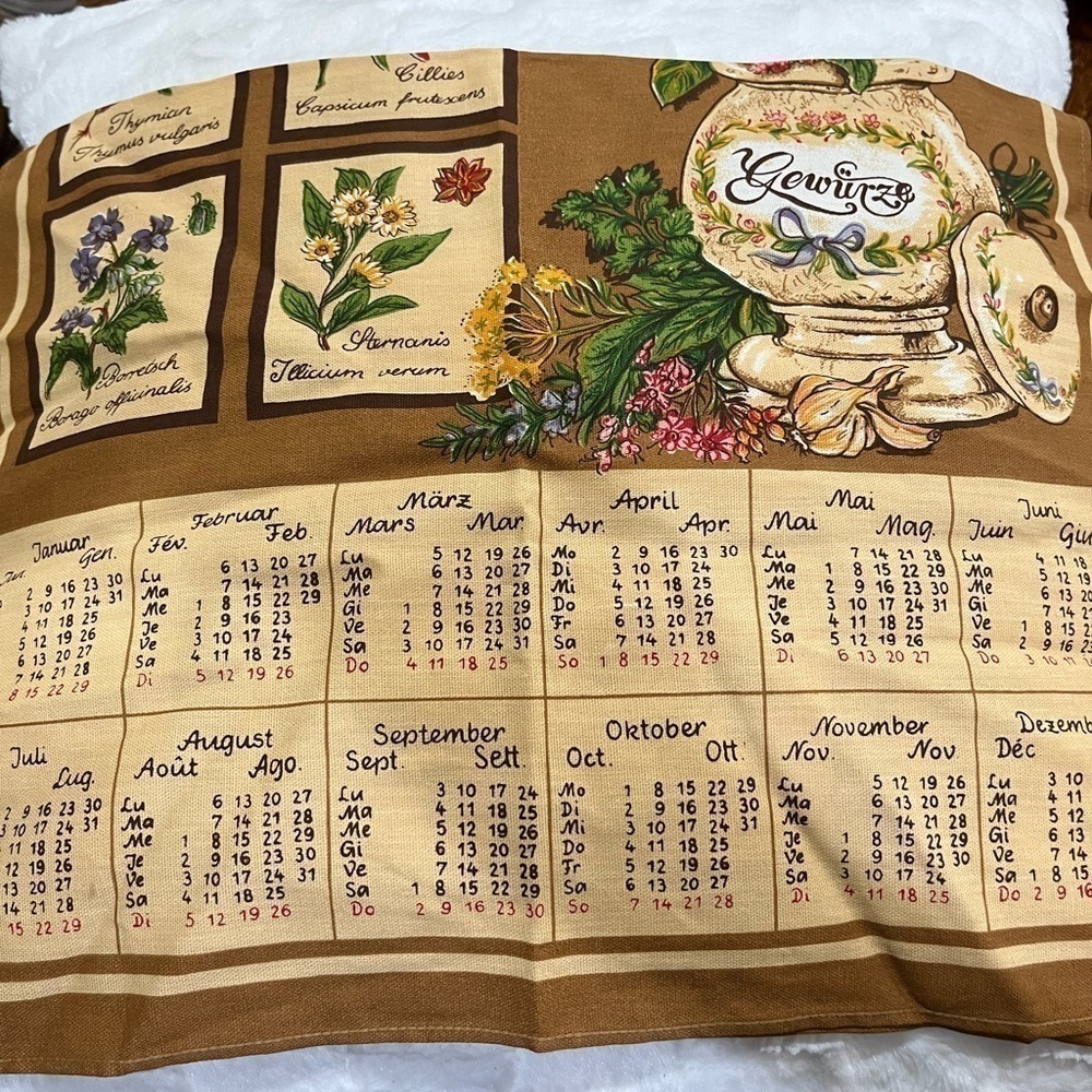 Vintage 1984 spring calendar, canvas, kitchen towel, nostalgia flag